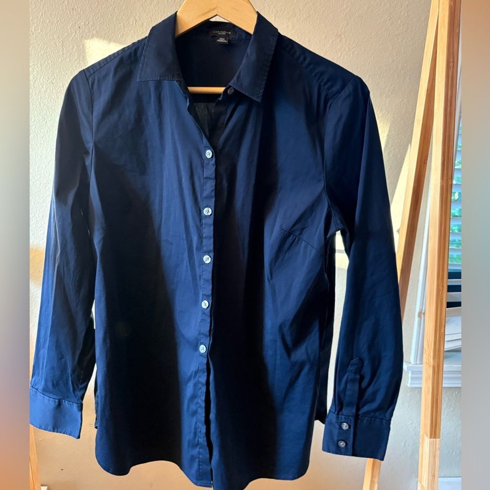 Ann Taylor Petite Black (or Dark Navy) Button-Down Blouse | Size 16P | Cotton Bl